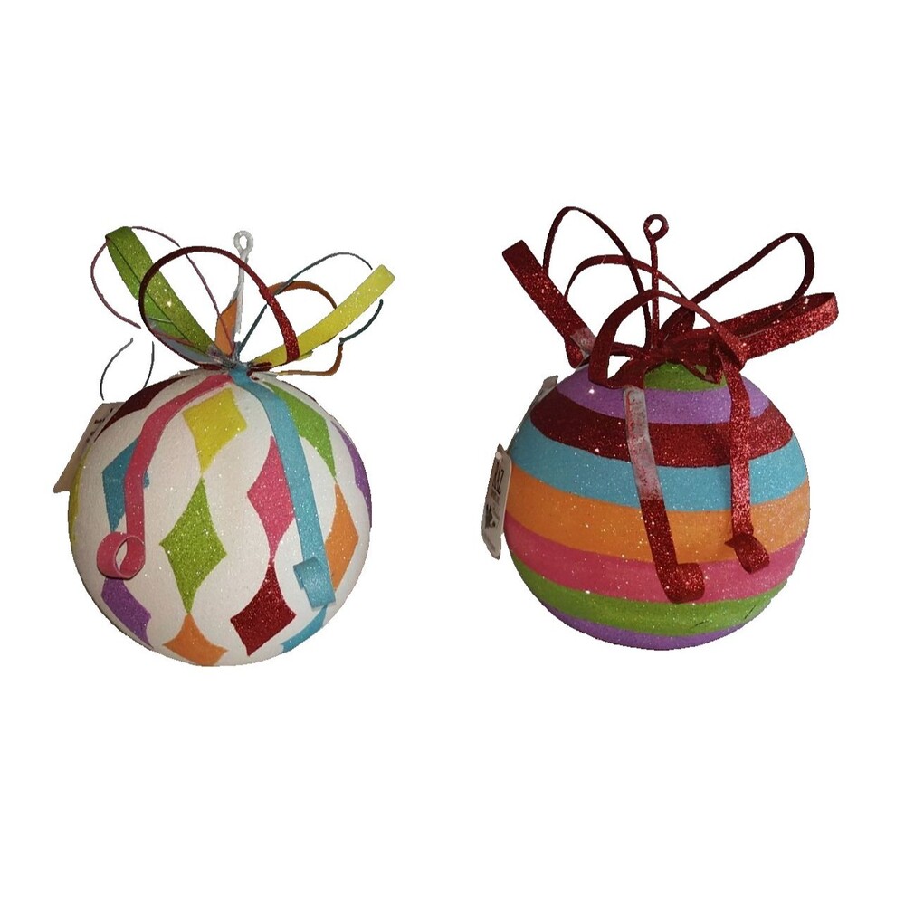 Lot 2x RAZ Imports Kitt Wichmann 4.25" Sparkle Glitter Ball Ornament Ribbon